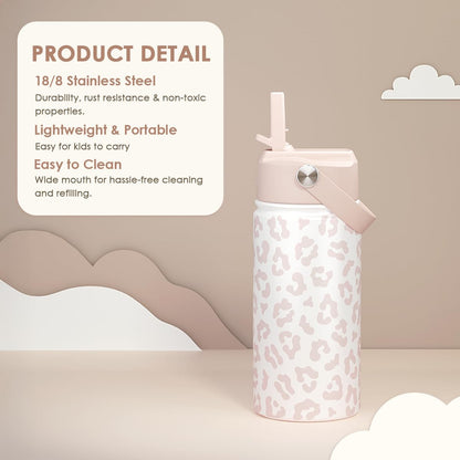 Beige Leopard Print Kids Water Bottle with Straw Lid 12oz Insulated Stainless Steel, Travel Tumbler, Gifts for Girls, Birthday, Christmas, Back to School