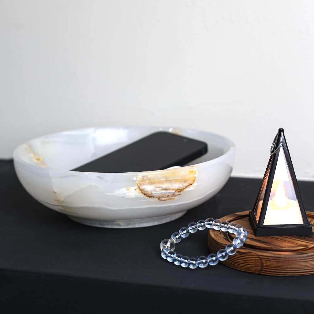 FutureStone Luxury Decorative Marble Bowl for Home Decoration, White Onyx Key Bowl for Entryway Table, Catchall for Coins, Change, Candy, Organizer Marble Tray