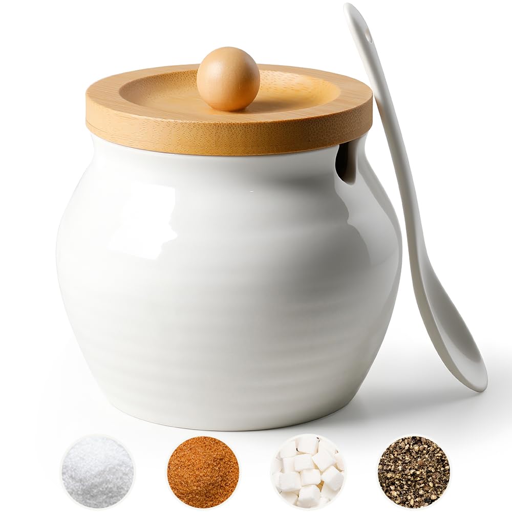 AISBUGUR Sugar Bowl with Lid and Spoon: 13oz Sugar Jar with Bamboo Lid,Ceramic Sugar Container for Coffee Bar - Countertop,Kitchen Decor (White)