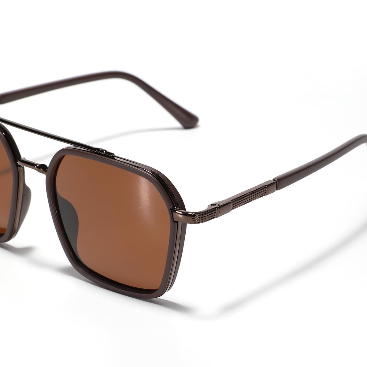 Metal Square Frame Sunglasses Big Tr90 Double Bridge Polarized Sun Glasses TAC Lens Unisex Glasses, Brown