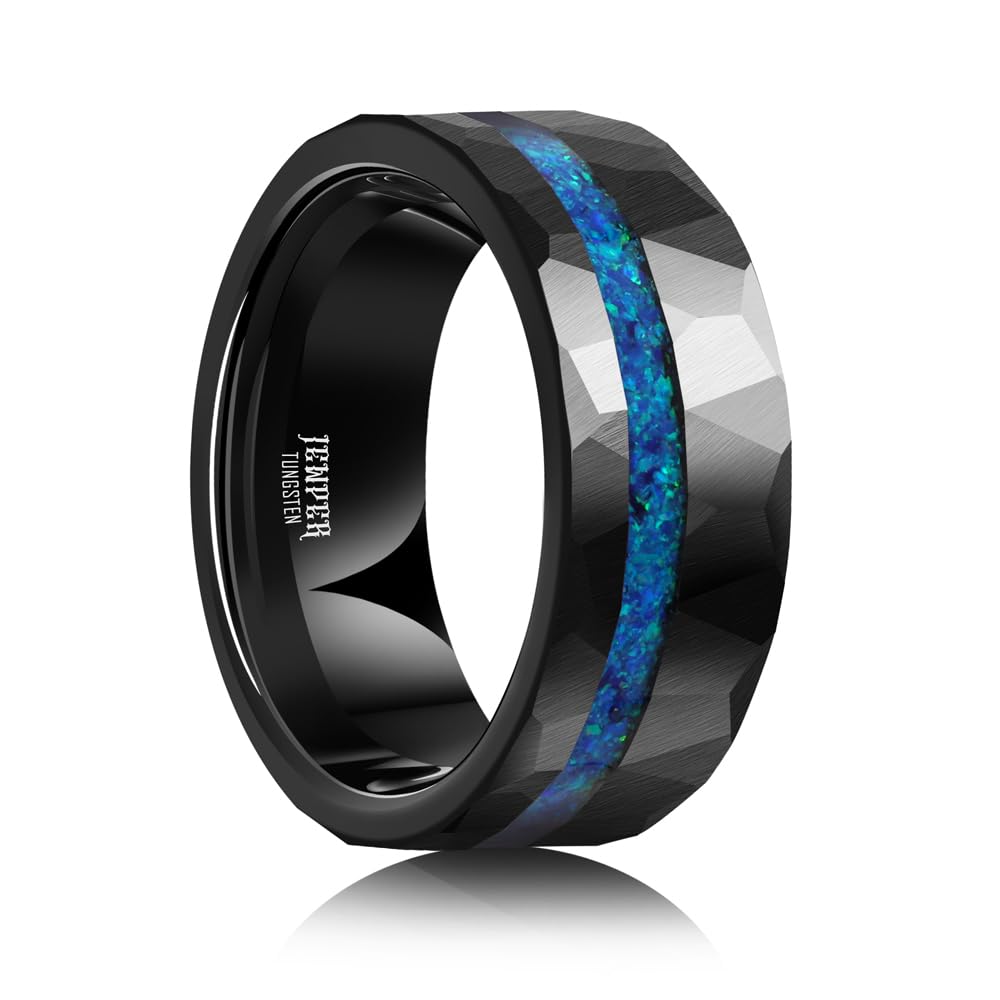 JEWPER 8mm Men Womens Wedding Band Tungsten Rings Black Blue Hammer pattern Fashion Promise Carbide Inlaid Opal Matte Finish Edge Comfort Fit Size(10)