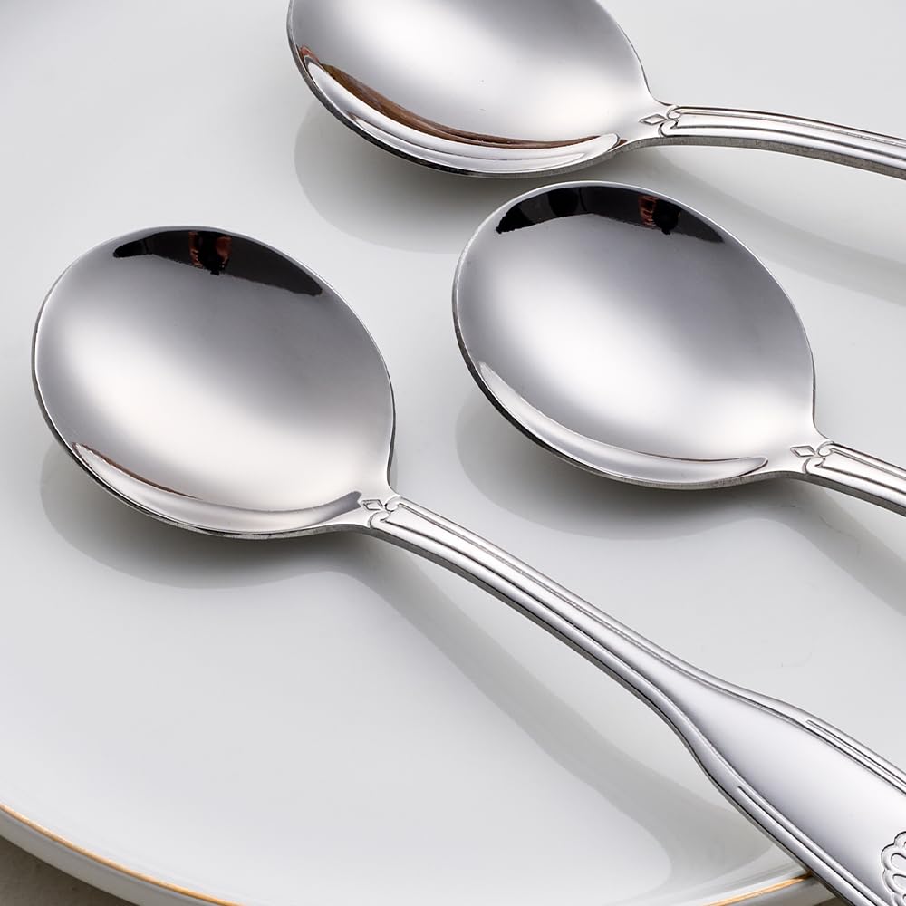 Deeny Jarte 12-Piece Soup Spoon Set, 6.4-Inch Stainless Steel Round Spoons Dessert Spoons, Shell Pattern Teaspoons, Mirror Polished spoons silverware, Dishwasher Safe
