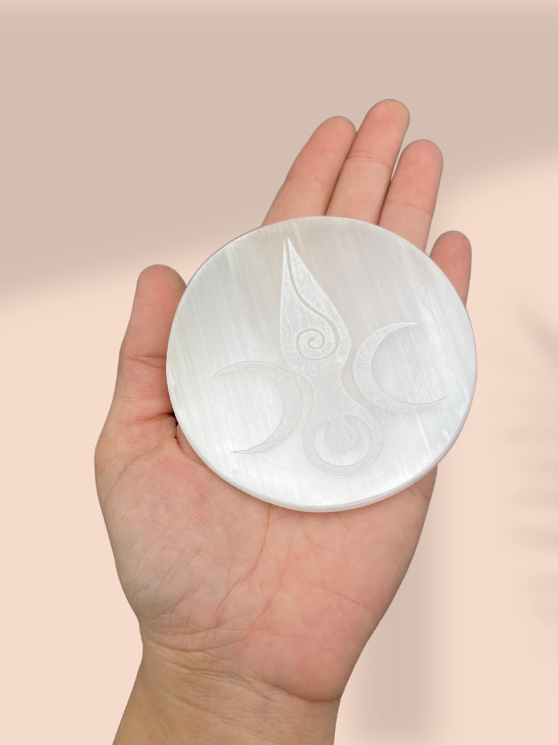 Selenite Crystal Charging Plate for Crystals and Healing Stones, 4" Selenite Crystal Plate Engraved Goddess Moon Coaster for Home Office Table Decor