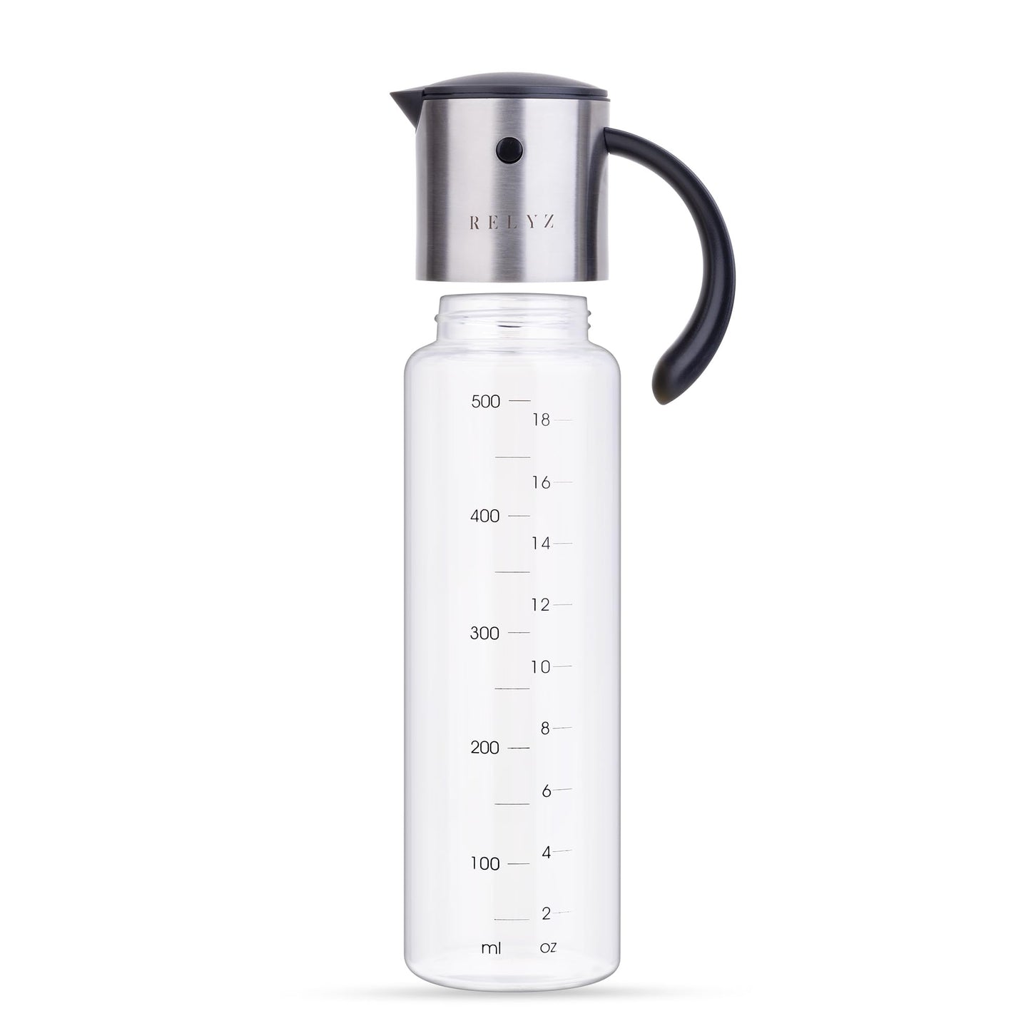 Large Glass Olive Oil Dispenser for Kitchen Cooking, Big 17oz Salad Dressing Container, Soy Sauce Bottle - Leakproof No Drip Stainless Steel Metal Pour Spout, Clear Measuring Markings, Dishwasher Safe