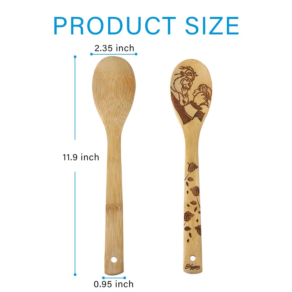 Beauty and the Beast Burned Wooden Spoons Cooking &Serving Utensils Set Bamboo Spoon Slotted Kitchen Utensil Fun Gift Idea Warming Present (Set of 5)