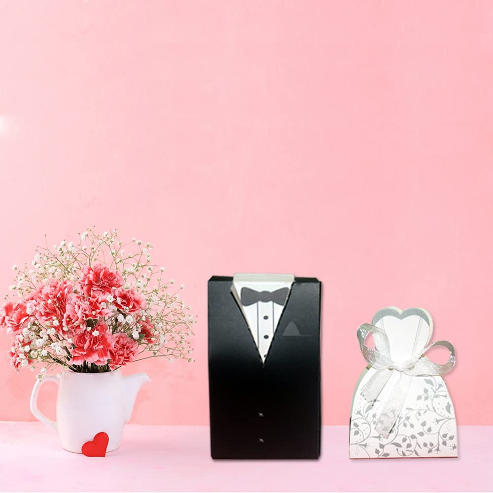 KAKABUQU 100 Pcs Wedding Favor Boxes - Romantic Party Cardboard Candy Boxes With Bride and Groom Dress Design for Chocolate Gifts, Bridal Shower Decoration Supplies