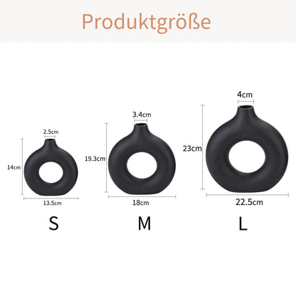 CEMABT Black Donut Vase Hollow Ceramic Vase for Flowers Handmade Minimalist Boho ins Style Modern Home Decor for Wedding Dinner Table Party Living Room Office Bedroom（M
