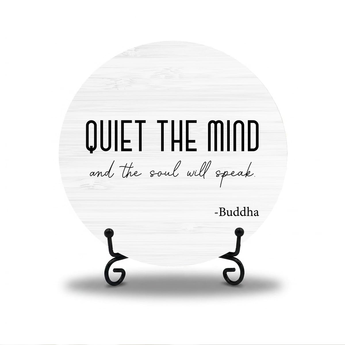 Zen Decor, Meditation Accessories, Spiritual Decorations, Zen Meditation Gifts for Office Yoga Room Bedroom Decors, Quiet The Mind And The Soul Will Speak Sign Round Wood Plaque with Support Stand