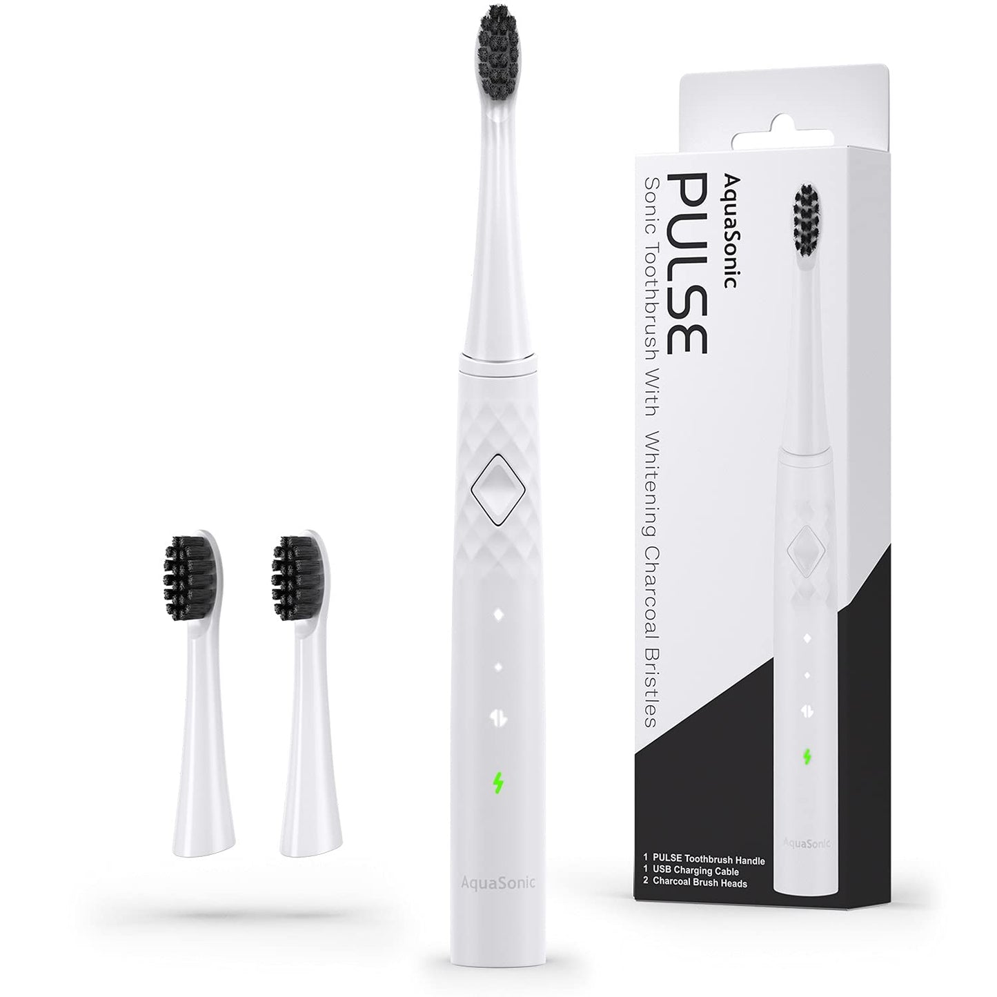 AquaSonic Pulse – Ultra Whitening Electric Toothbrush w Activated Charcoal Whitening Bristles – Sonic Rechargeable toothbrush – 3 Modes & Smart Timers – Lasts 45 days – Home & Travel Toothbrush