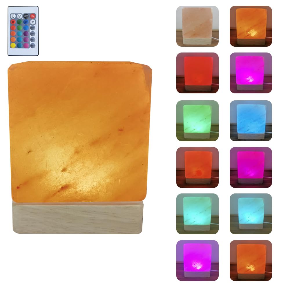 YZYOE USB Colour Gradient Himalayan Salt lamp, Solid Wood Base Atmosphere Decoration Square Salt lamp with Remote Control, Natural Crystal Stone Bedside Night Light, Handmade Crafts.