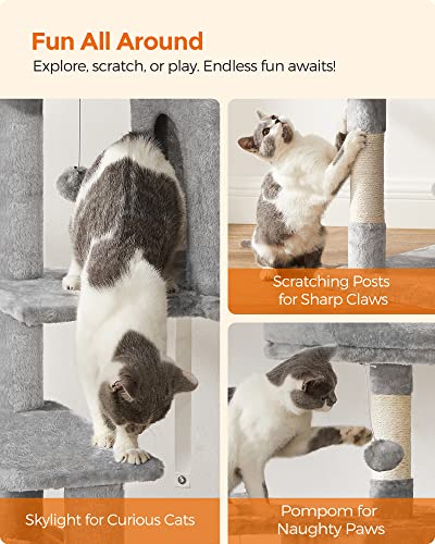 Feandrea Cat Tree, 143 cm Multi-Level Plush Cat Condo with 4 Scratching Posts, 2 Perches, Cave, Hammock, Pompoms, Light Grey