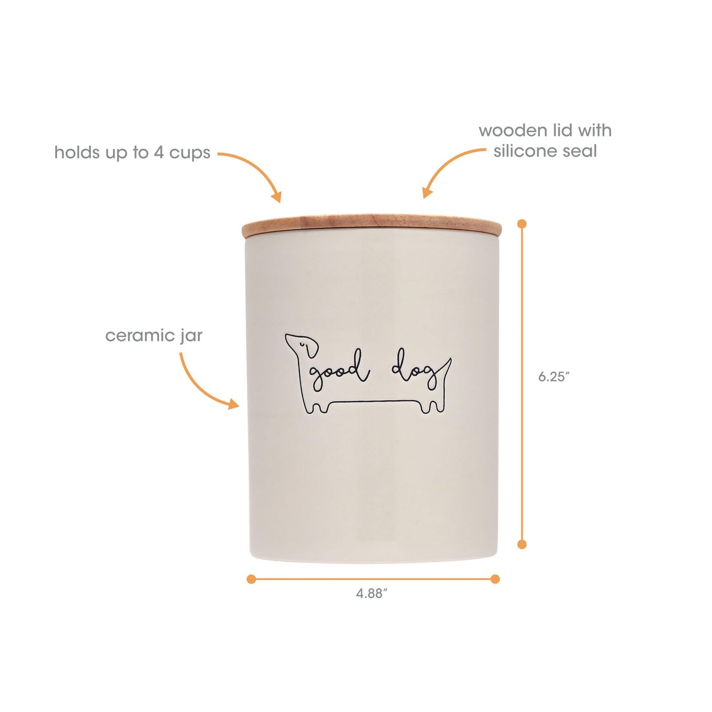 Pearhead Good Dog Treat Jar, Ceramic and Wood Pet Treat Canister, Neutral Modern Kitchen Decor, Pet Accessories, Dog Biscuit Storage Jar, Freshness Seal, Holds 4 Cups