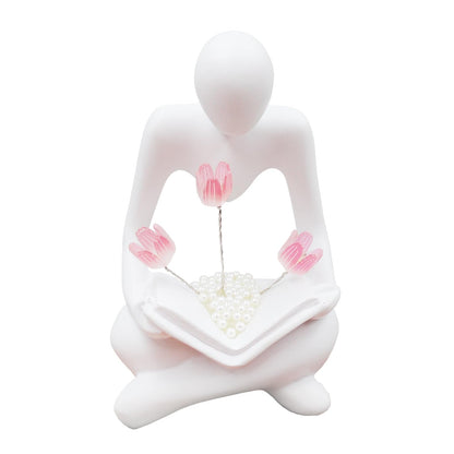 Reading Women Statue with Tulip Lamp, Thinker Sculptures with Night Light, Abstract Art Ornament, Modern Aesthetic Figurine Decoration for Home Living Room Bedroom Office Table Desk Bookshelf Decor