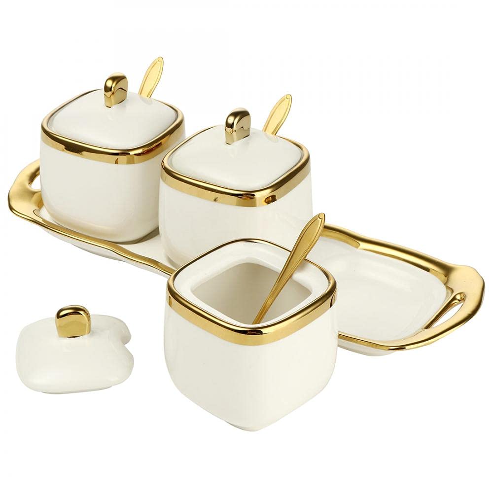 3 pack Ceramic Sugar Bowls Set-Marble Porcelain Spice Jars Storage Containers Condiment Jar Spice Container with Spoons and Lids for Home and Kitchen (White)