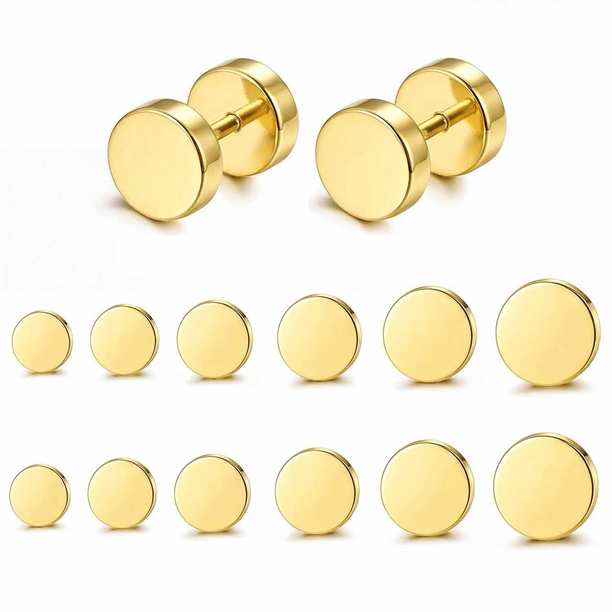 FIBO STEEL 6 Pairs Stainless Steel Black Stud Earrings for Men Women Faux Gauges Ear Tunnel Fake Gauge Earrings 3-8mm Gold