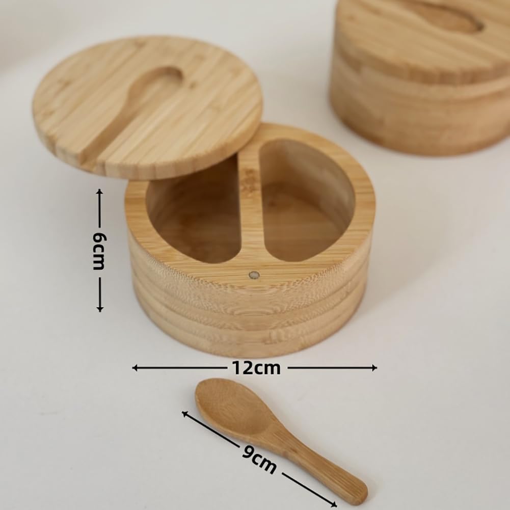 GSHLLO Bamboo Salt Container with Two Compartments Pepper Box with Swivel Lid Spoon Sea Salt Cellar Bowl Spice Holder Canisters Kitchen Seasoning Storage Jar for All Kinds of Spices