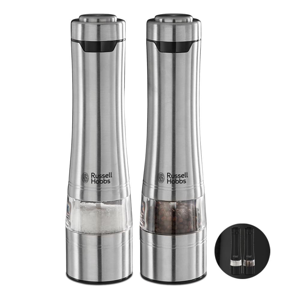 Russell Hobbs Stainless Steel Electric Salt & Pepper Mill Set with Adjustable Ceramic Grinder Heads for fine or coarse Grinding, Battery Operated, Light up During use, One Handed Operation, 23460-56