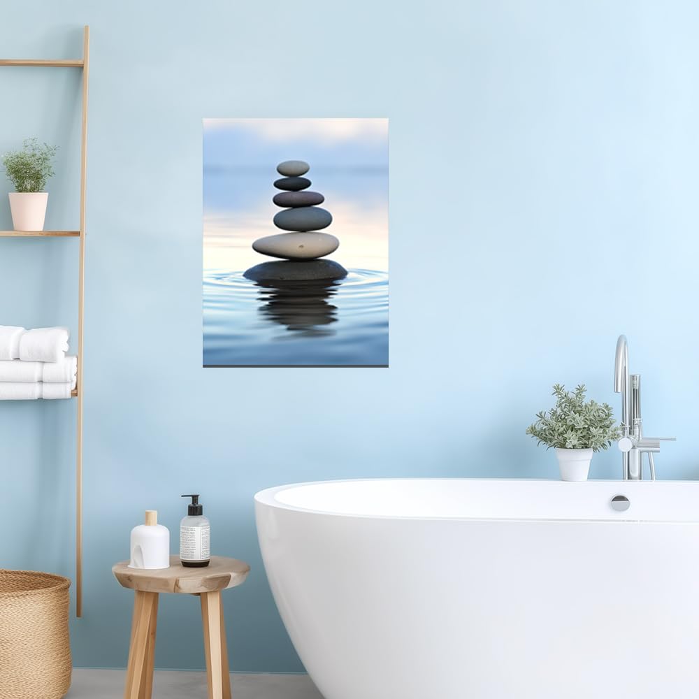 QIXIANG Zen Canvas Wall Art Zen Stone Painting Prints Spa Meditation Painting Artwork for Spa Yoga Room Bathroom Wall Decor Frame (12.00" x 18.00", Zen 1)