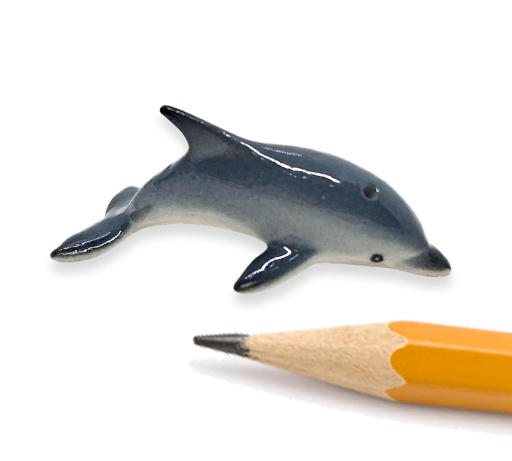 WitnyStore Tiny 1¼" Blue Gray Curved Dolphin Figurine - Miniature Hand Made Ceramic Dolphins Porpoises Whales Marine Mammal Aquatic Sea Animals Fish Porcelain Decorative Collectible Figure Décor Gifts