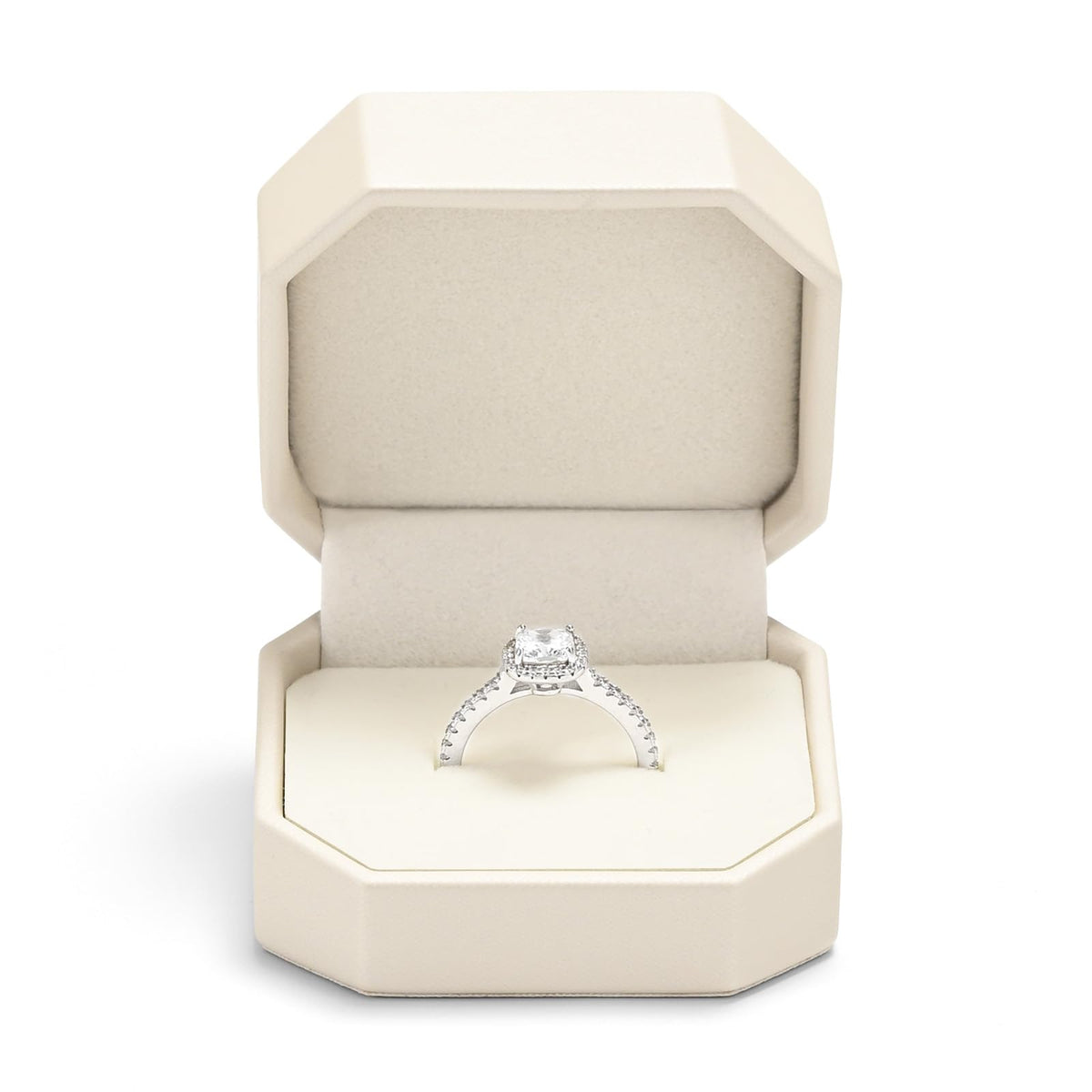 Woodten Octagonal PU Leather Jewelry Ring Gift Box Beige Small Engagement Proposal Ring Box