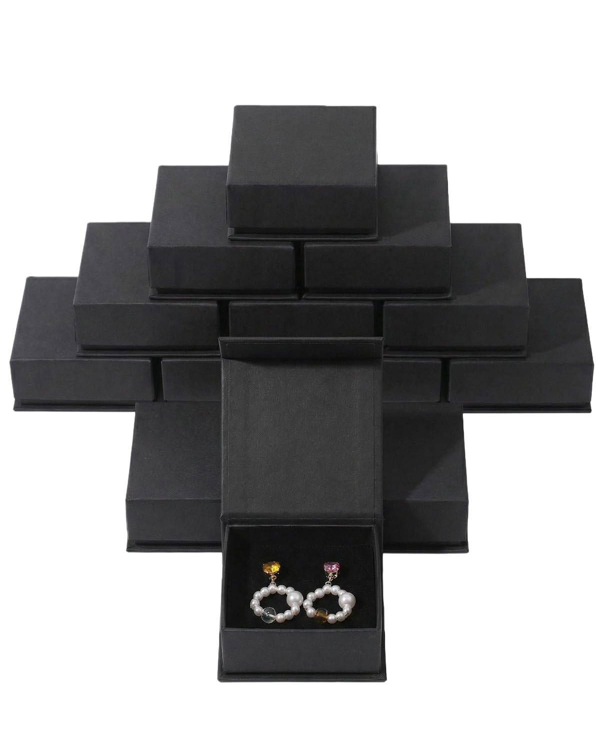 Jewelry Gift Box Set, 12 Pieces Flip-Up Velvet Foam Filled Square Jewelry Boxes for Necklaces, Earrings & Rings, Cardboard Paper Gift Case, Velvet Jewelry Box, 3.93 x 3.93 x 1.26 Inches (Black)