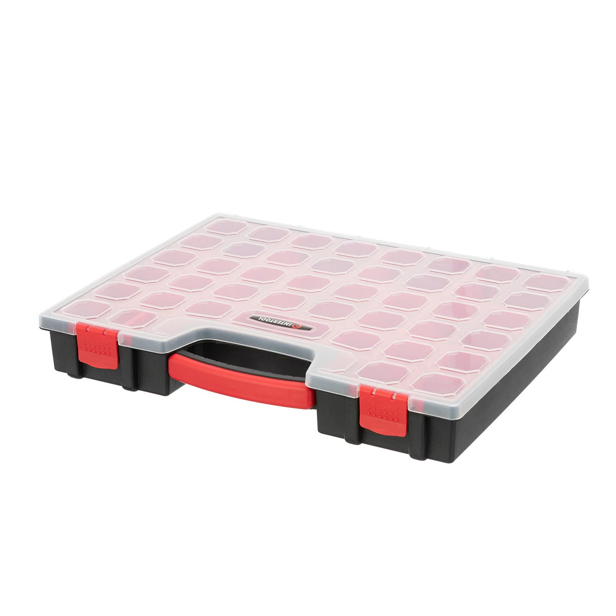 INTERTOOL Hardware Organizer with 24 Removable Bins - Small Parts Storage Tool Box for Nuts, Bolts, Screws, Nails - Portable Handle Transparent Lid with Locks BX08-4033