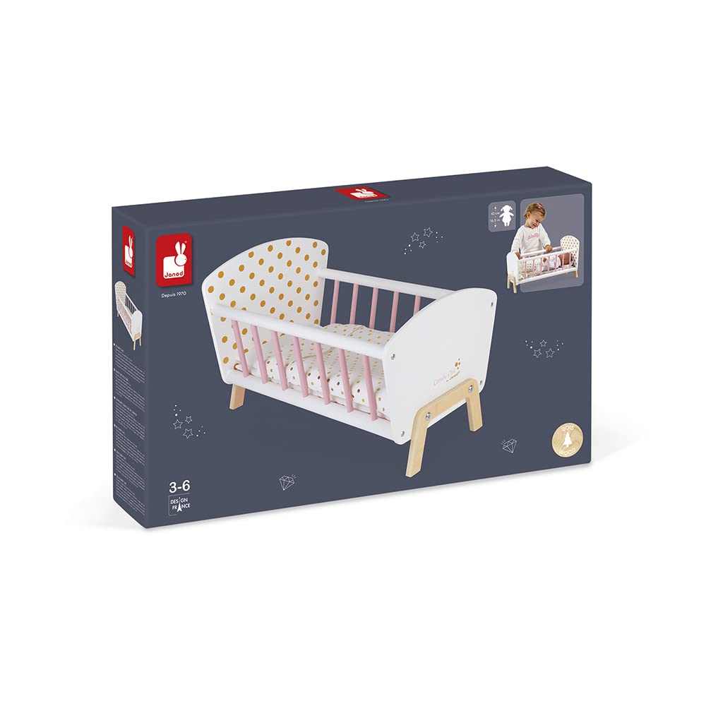 Janod - Candy Chic Doll's Bed Wooden Baby Doll Cradle Ages 3+ - Engaging in Imaginative Play - Stylish Design - Durable Construction and Safe Materials - Includes Bedding