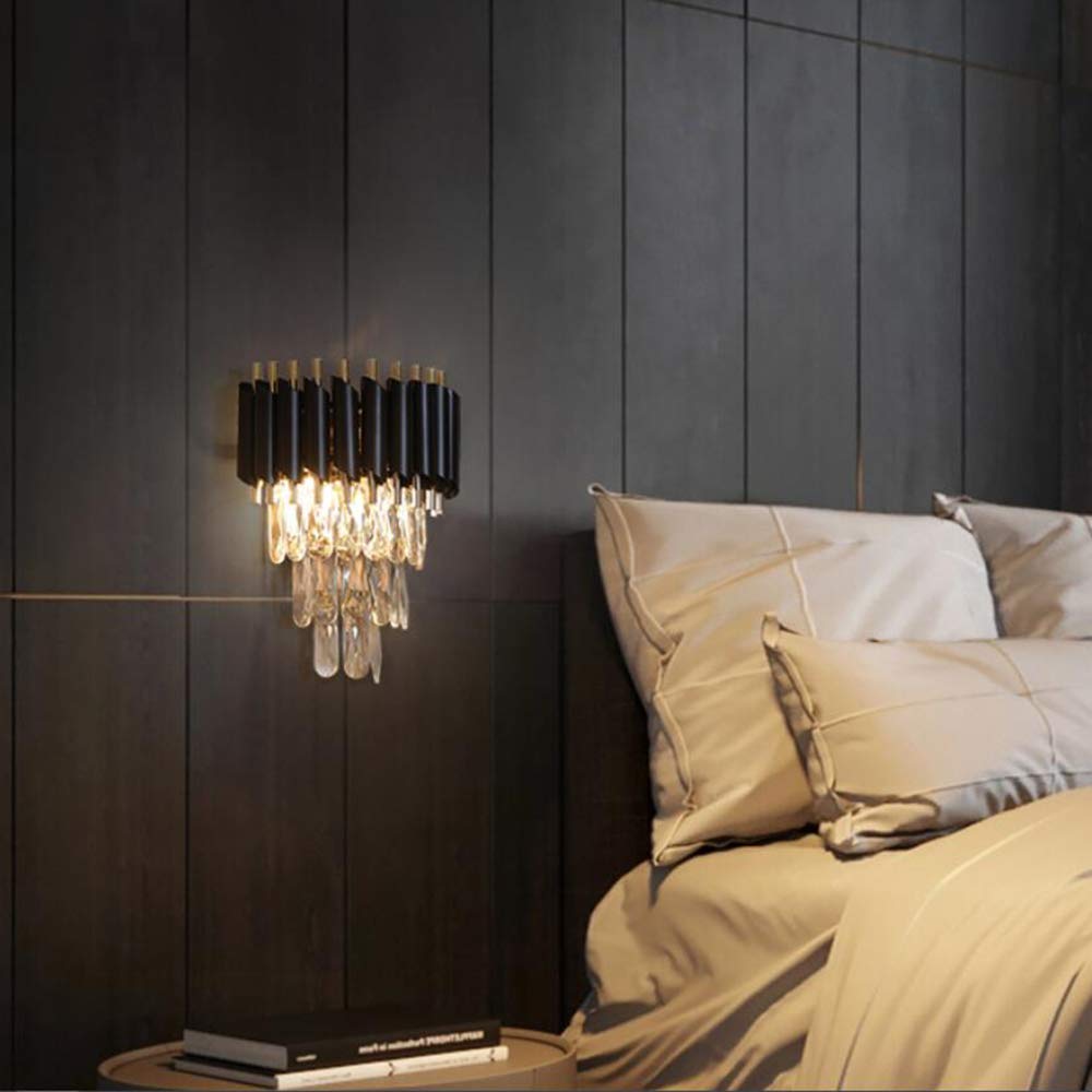 FRIXCHUR Modern Crystal Wall Sconce Lighting Black Crystal Wall Light Fixture Bedside Light 3 Tiers Crystal Wall Lamp for Bedroom Bathroom Dinning Living Room Hallway 2X E12 Base