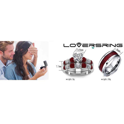 LOVERSRING Two Rings His and Hers Wedding Ring Sets Couples Rings White Gold Plated Stainless Steel Wedding Engagement Ring Bridal Sets Men's Tungsten Carbide Band