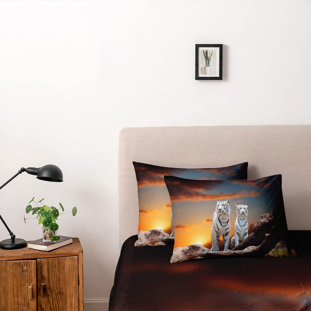 Holiyjog 3D Tigers Print Duvet Cover Set California King Size a Couple of Tigers at Sunset Animals Pattern Comforter Covers Little Tiger Pillow Shams Animal Deco Bedroom Bedding Set Bed Set