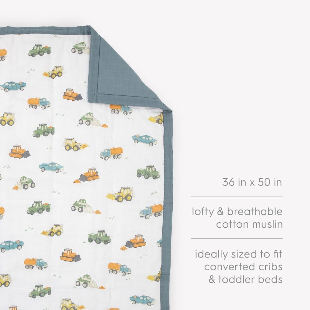 Little Unicorn Muslin Comforter Blanket | Soft & Breathable Muslin Fabric | 36"x50" | 100% Cotton | Crib & Toddler Bed Blanket (Work Trucks)