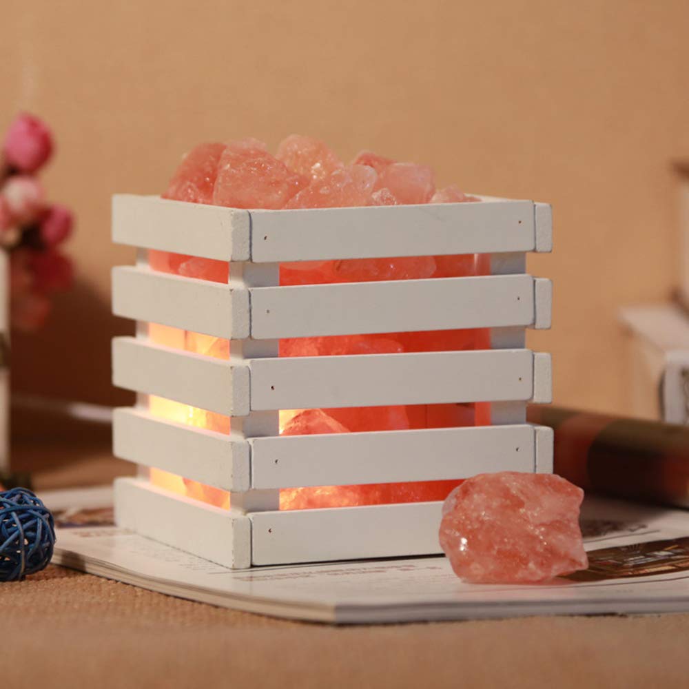 IMEFF Himalayan Salt Lamp, Creative Natural Crystal Slat Rock Lamp Nightstand Decor Light with Wooden Basket, Dimmer Switch, 10x11x10.5cm,White