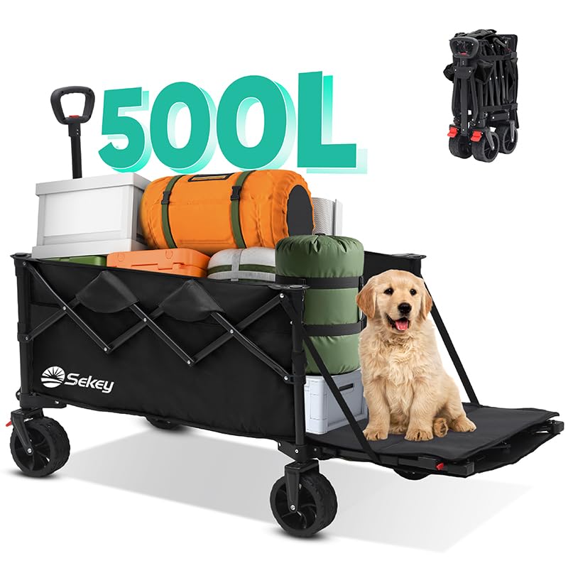 Sekey Festival Trolley with Expandable Tailgate - 350-500L, 440LB Heavy Duty Folding Camping Wagon, Brake, All-Terrain Wheels, Patented 4-Way Folding & One-Click Adjustable Handle, Beach Cart - Black
