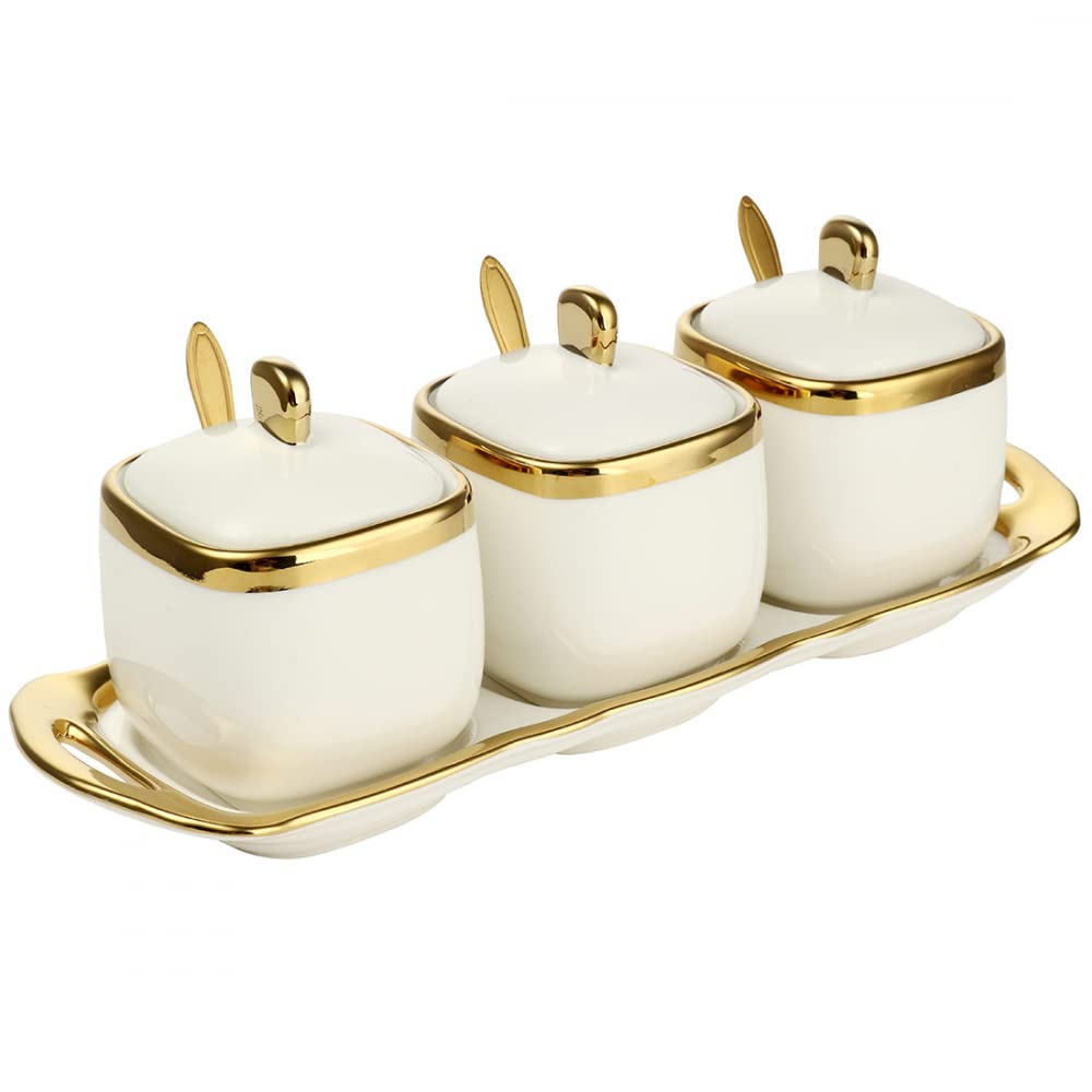 Porcelain Condiment Jar Spice Container with Tray Ceramic Serving Spoon and Lid, Spice Sugar Ceramic Condiment Pot Creative Seasoning Box for Your Home, Kitchen, Counter (White)