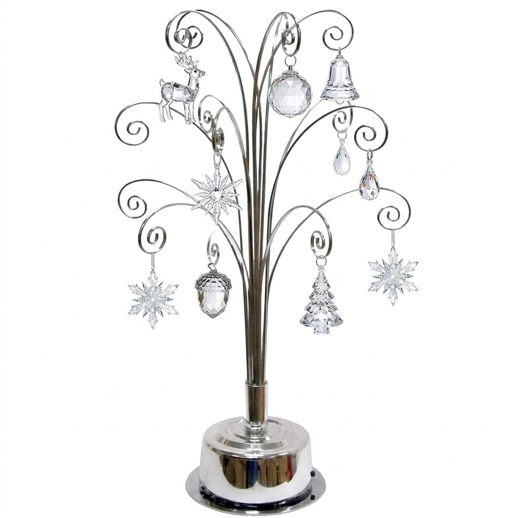 HOHIYA 360° Rotating Ornament Display Stand 15 Hooks Tabletop Christmas Tree Ornament Holder Metal Hanging Display Rack for Crystal Glass Baubles Jewelry and Home Decor Chrome Silver