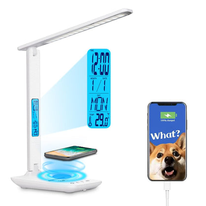 wanjiaone Multifunctional LED Desk Lamp with Wireless Charger,USB Charging Port,Clock,Phone Holder,Desk Lamps for Home Office,Eye-Caring Reading Lamp,Study Lamp for Boys,Girls,Teens,White