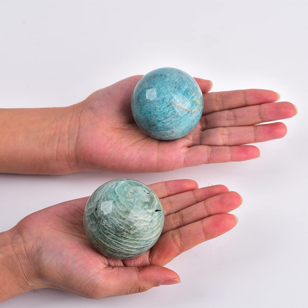 JIC Gem Natural Amazonite Crystal Ball with Wood Stand Gemstone Sphere,Polished Healing Energy Mineral Gemstone Balls for Reiki Chakra Decoration Fengshui (50-60mm)