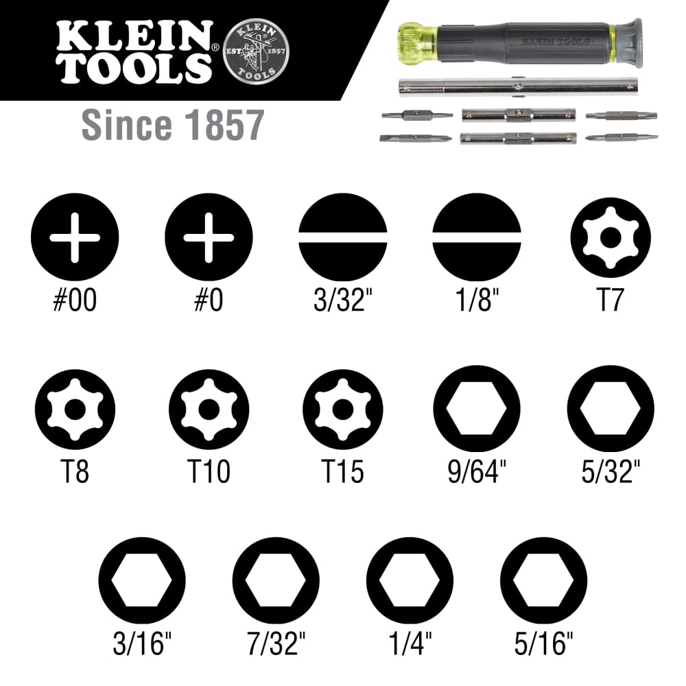 Electronic Screwdriver, 14-in-1 with 8 Precision Tips, Slotted, Phillips, and Tamperproof TORX Bits, 6 Precision Nut Drivers Klein Tools 32314