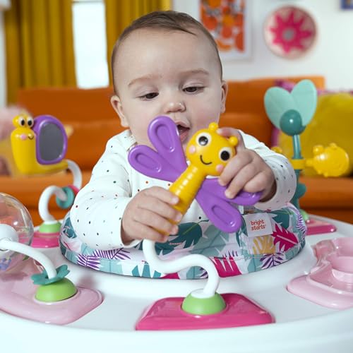 Bright Starts, Bounce Bounce Baby 2-in-1 Activity Center Jumper and Table - Playful Palms with 7 Interactive Toys, Adjustable Height, Storage Bag, 360° Rotation, Ages 6 Months +, Pink