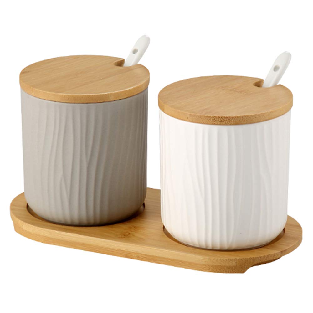 OnePine Set of 2 Ceramic Sugar Bowl 300ml Ceramic Spice Jar Condiment Pots with Bamboo Lid and Ceramic Spoon for Home and Kitchen, Height 3.93 inch,White and Gray