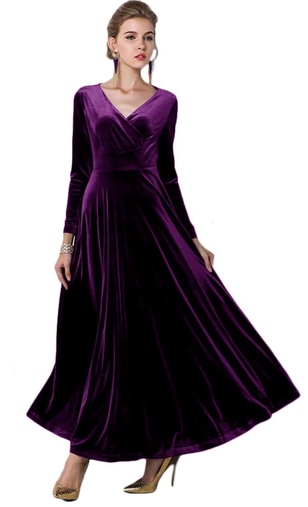 Urban CoCo Women Long Sleeve V-Neck Velvet Stretchy Long Dress (as1, Alpha, l, Regular, Regular, Purple)