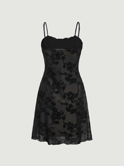 Verdusa Women's Mini Dress Floral Spaghetti Strap Mesh Dresses Going Out Festival Concert Outfits Grunge Gothic Clothes Black Multi Small