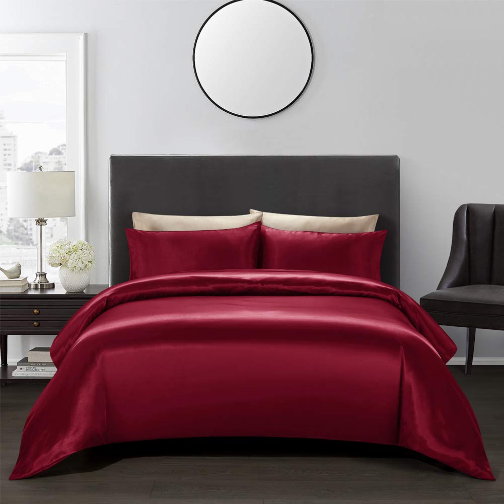 AiMay Satin Duvet Cover Set Bedding Sets Luxury Rich Silk Silky Super Soft Solid Color 2 Piece (1 Duvet Cover +1 Pillowcase) Honeymoon Sexy Reversible Stain-Resistant Wrinkle Free (Twin, Burgundy)