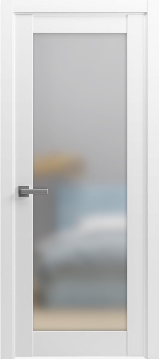 SARTODOORS Modern Solid French Door Frosted Glass 24 x 96 inches with Handle | Planum 2102 White Matte | Single Regural Panel Frame Trims | Bathroom Bedroom Sturdy Doors