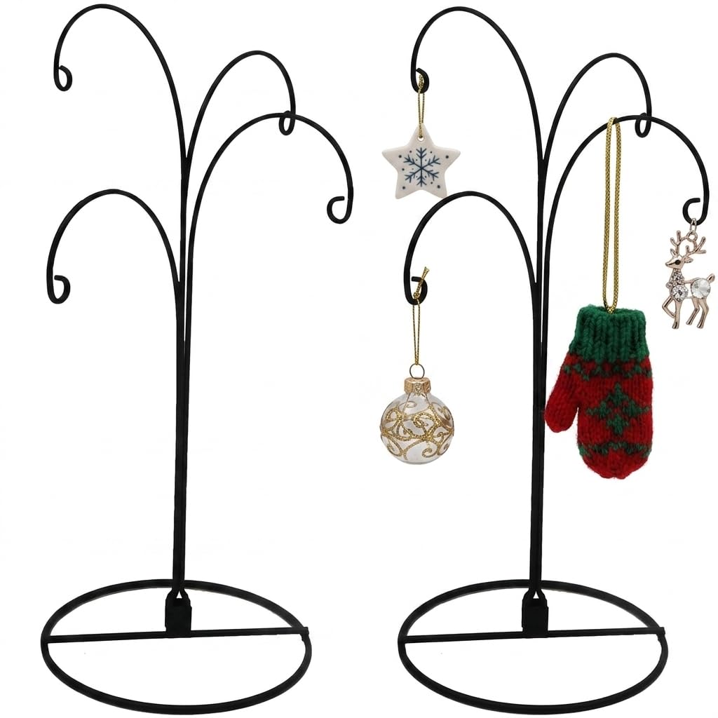 HOHIYA Ornament Display Stand 12 Inch 2 Pack 4-Arm Metal Ornament Holder for Christmas Decorations Crystal Ball Hanging Ornaments Jewelry Display Stand Black