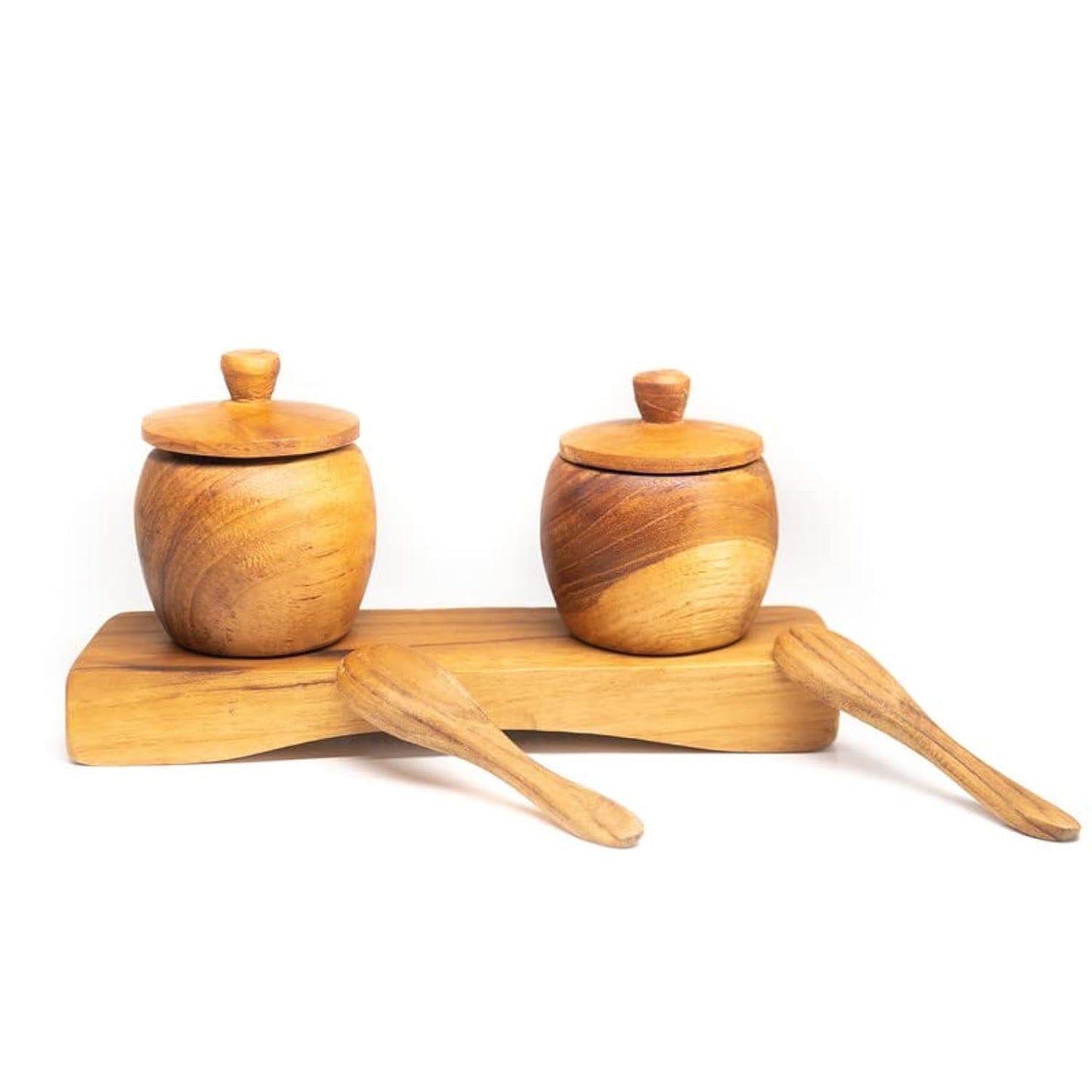Rainforest Bowls Set of 2 Javanese Teak Wood Spice Jars w/Tray, Lid & Spoons- Perfect for Storing/Serving Salt & Spices, Durable- Exclusive Luxury Custom Design Handcrafted by Indonesian Artisans