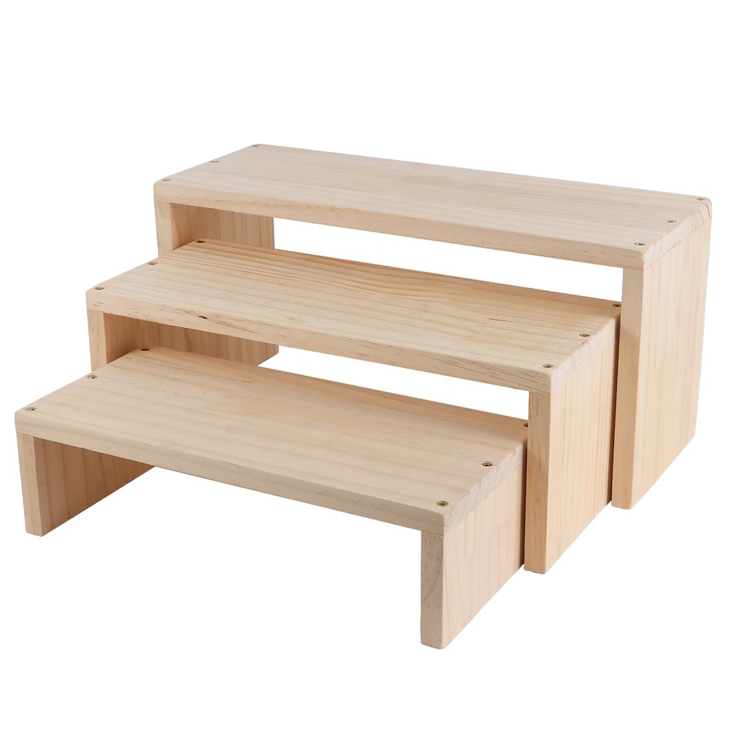 WIQARJ 3-Tier risers display stands, Wooden Retail Display Rack for retail Rustic Tabletop Display rack for cupcakes, collectibles,jewelry, perfum, Funko Pop Figures