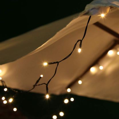 Festive Lights - 10m Solar Power Multi Function Fairy String Lights with 100 Warm White LEDs - IP44 Rated, Outdoor Decorative Lighting - External Panel, Black Cable, Garden Trees, Fences & Pergolas