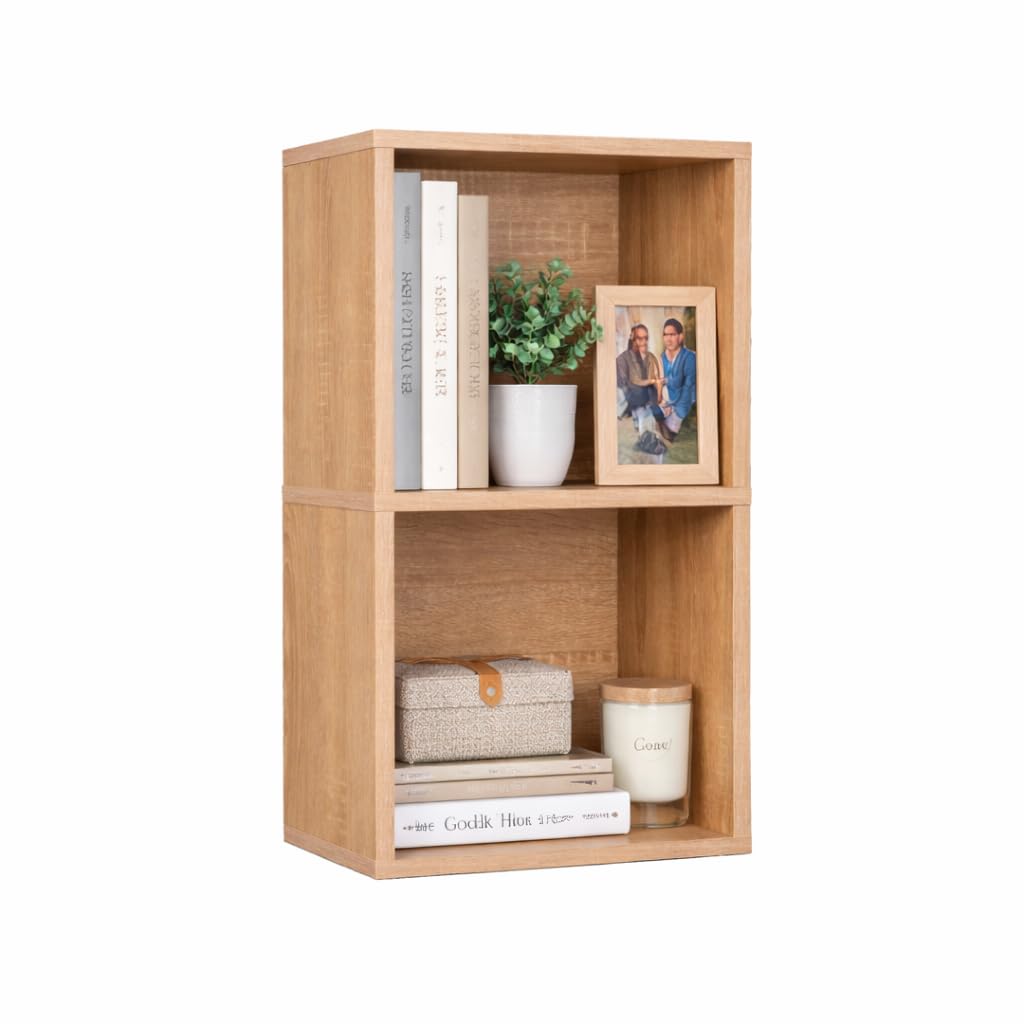 2 Cube Storage Organizer Wooden Bookshelf, 2 Cube Shelf Bookcase, Small Bookshelf Storage Organizer, 2 Cube Storage Shelf for Bedroom, Small Bookshelf for Living Room and Office (Natural, 2 Cube)