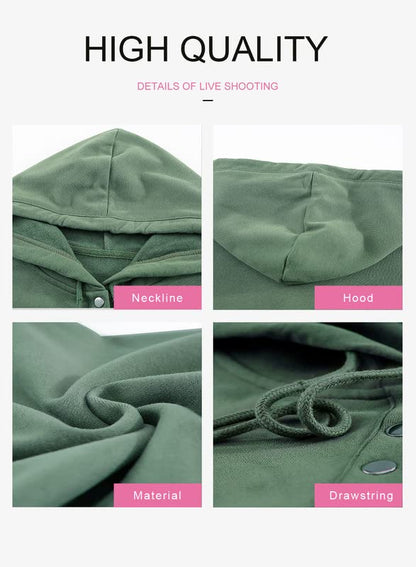 Dokotoo Hoodies for Women Early Fall Fashion Drawstring V Neck Long Sleeve Front Button Collar Hooded Pullover Hoodie with Pockets Winter Sweatshirt Loose Fit Casual Ladies Shirt Tops Green X-Large